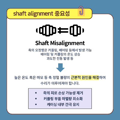 [shaft-alignment-중요성]
shaft-misalignment,-축의-오정렬은-커플링,-베어링-등에서-발생이-가능합니다.-축이-오정렬-되었을-경우에-베어링-및-커플링의-온도가-상승하며,-과한-진동이-발생할-수-있습니다.
그렇기-때문에-축이-정렬을-이루어져야-합니다.
높은-온도-혹은-마모-등-축-정렬-불량의-근본적인-원인을-해결하여-수리가-이루어져야-합니다.
축-정렬을-통하여-축의-피로-손상-가능성을-제거하고,-커플링-부품-마멸량을-최소화하고-케이싱-내부의-간극을-유지할-수-있습니다.