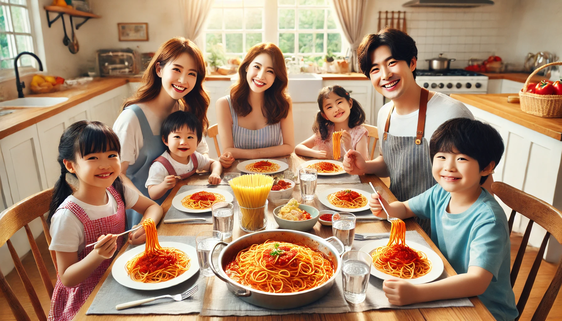 가족들이 토마토 파스타를 먹고 있는 이미지