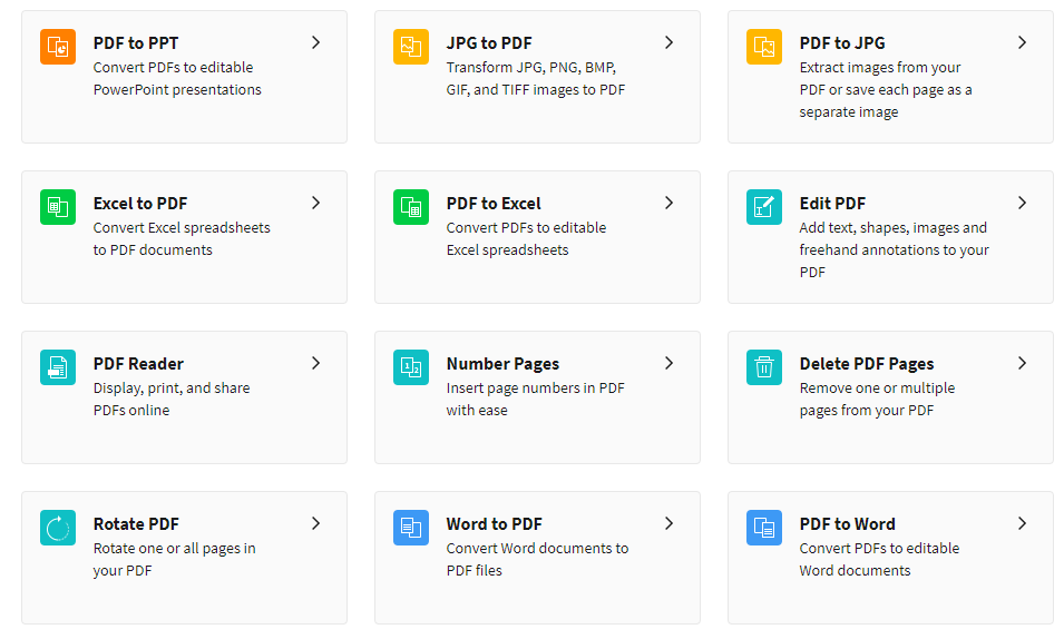 SmallPDF의 모든 기능들 나열된 모습