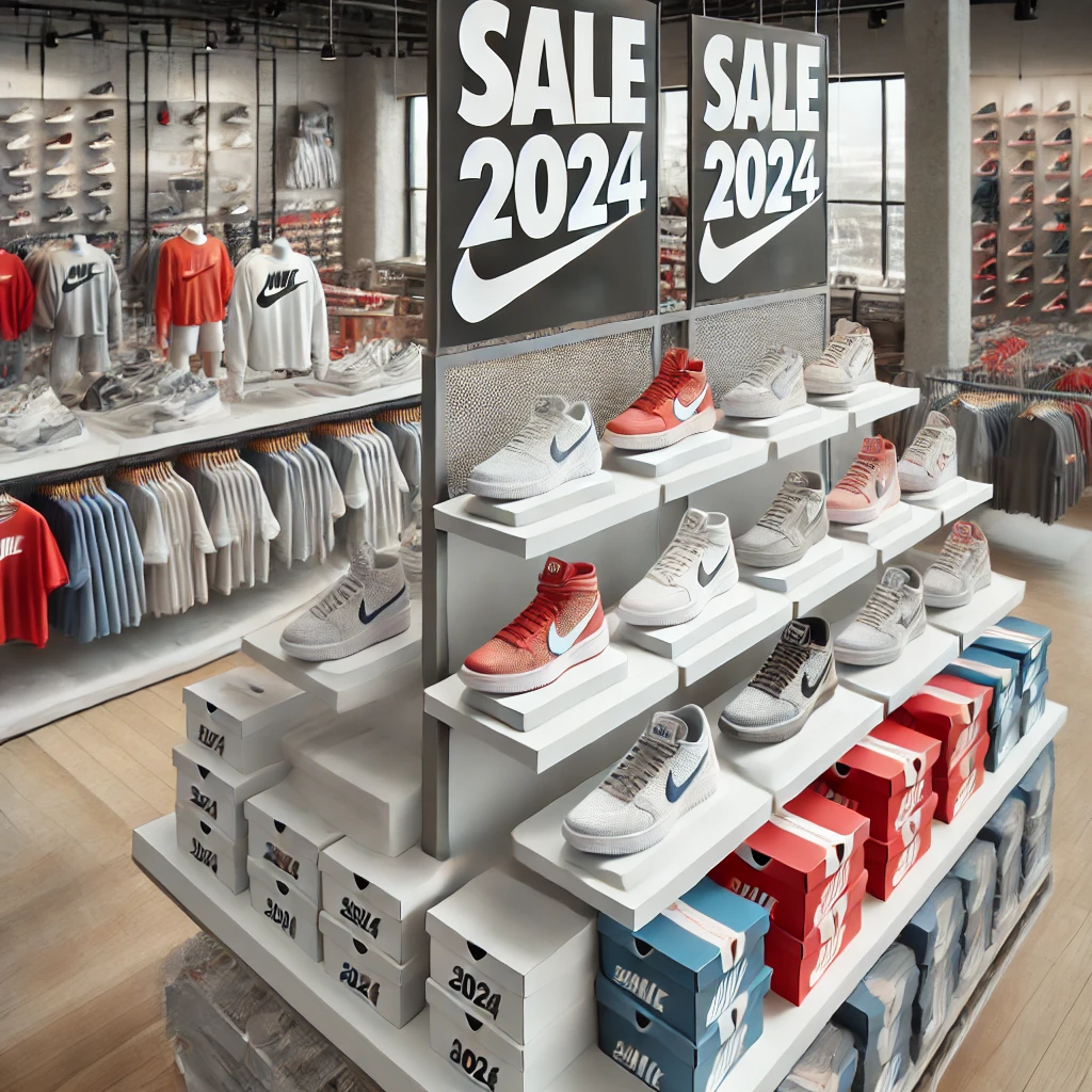 2024년 나이키 할인 상품, 운동화와 의류가 세일 태그와 함께 진열된 모습
