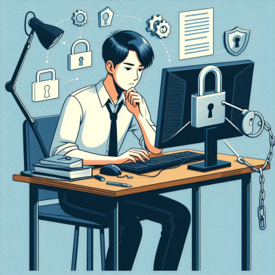 컴퓨터 앞에서 고민하는 남성과 보안 아이콘들