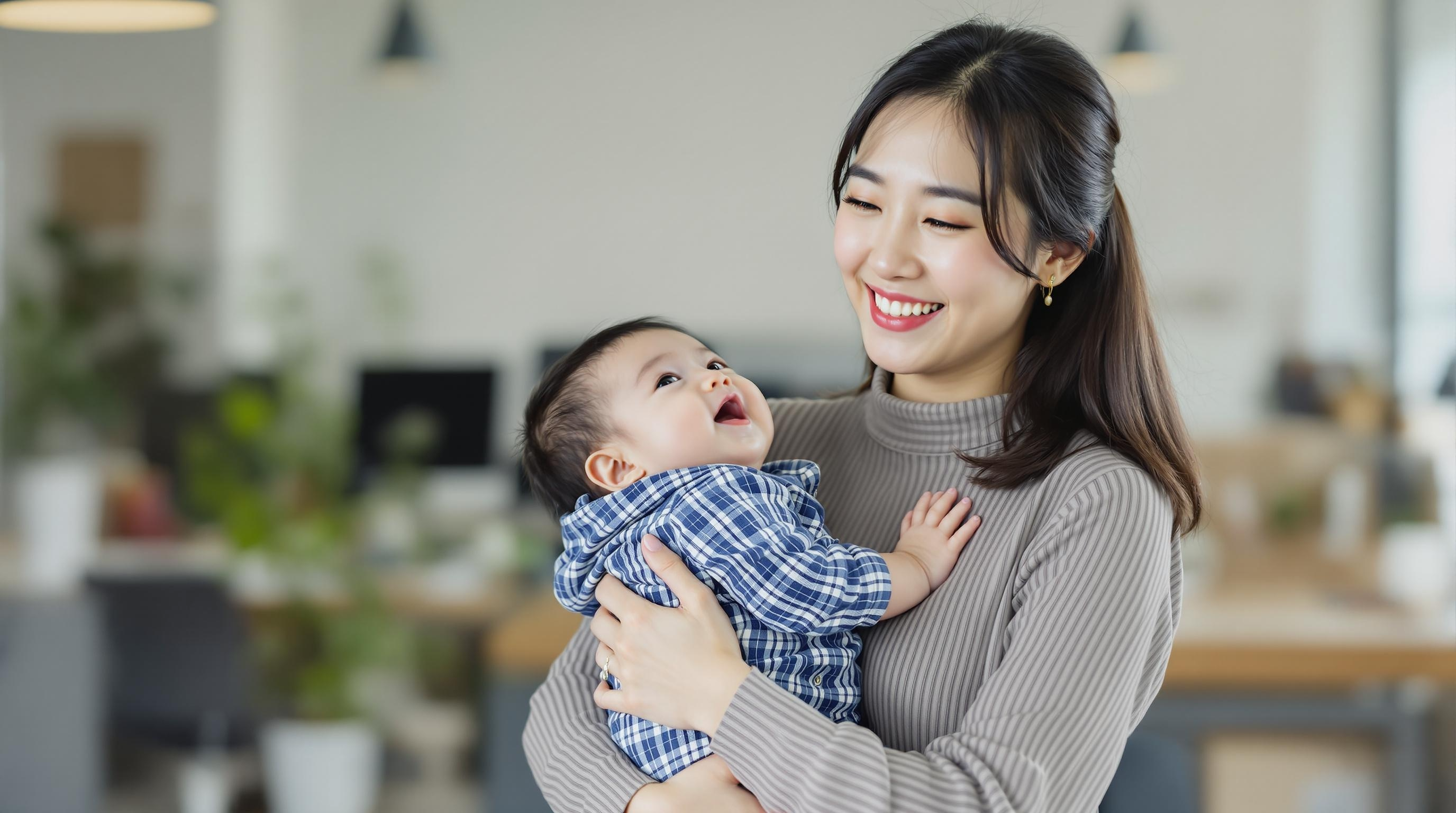 사무실에서 아기를 안고 밝게 웃는 한국 여성 직장인