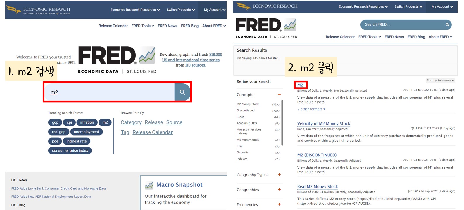 FRED에서 M2 통화량 보는 방법