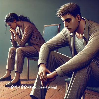 숙면하지 못해 무기력하게 의자에 앉아 있는 남성과 여성
