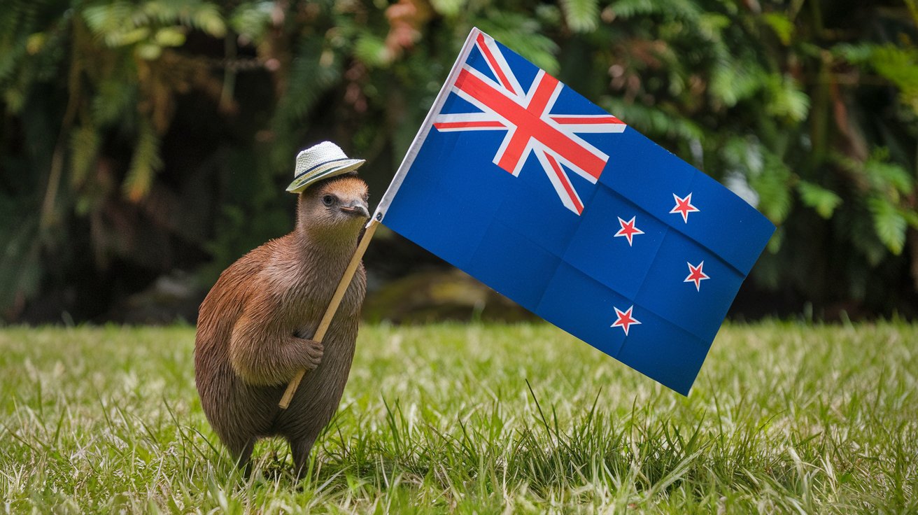 a-photo-of-a-kiwi-bird-holding-a-new-Zealand-flag