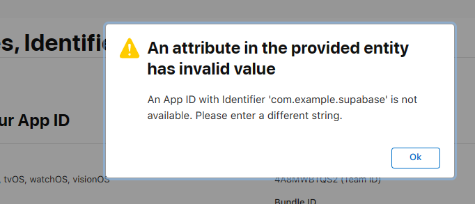 An attribute in the provided entity has invalid value An App ID with Identifier &#39;com.example.supabase&#39; is not available. Please enter a different string. error