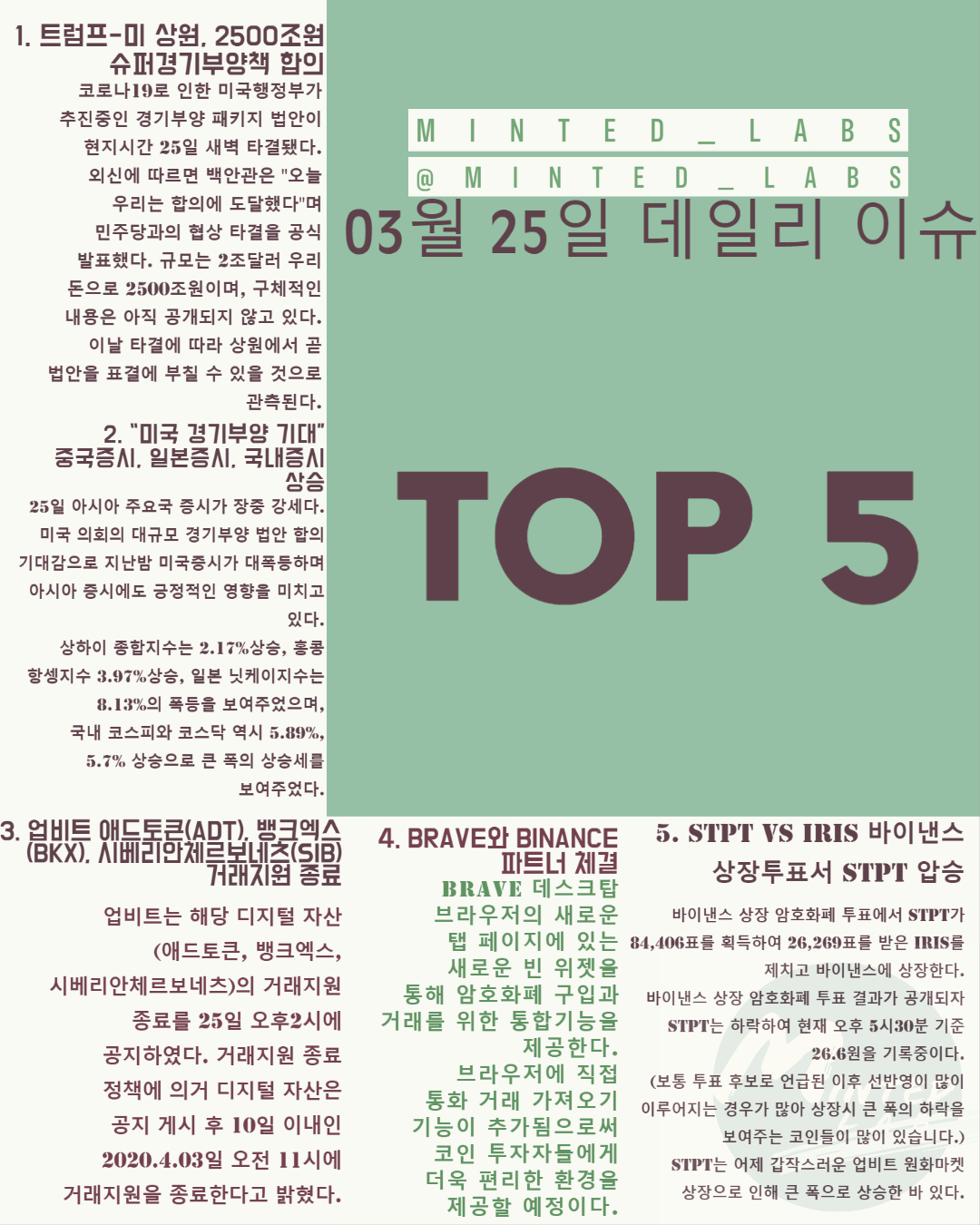  [코인 이슈]미국 상원 경기부양책 2500조원 합의, STPT 바이낸스 상장 외