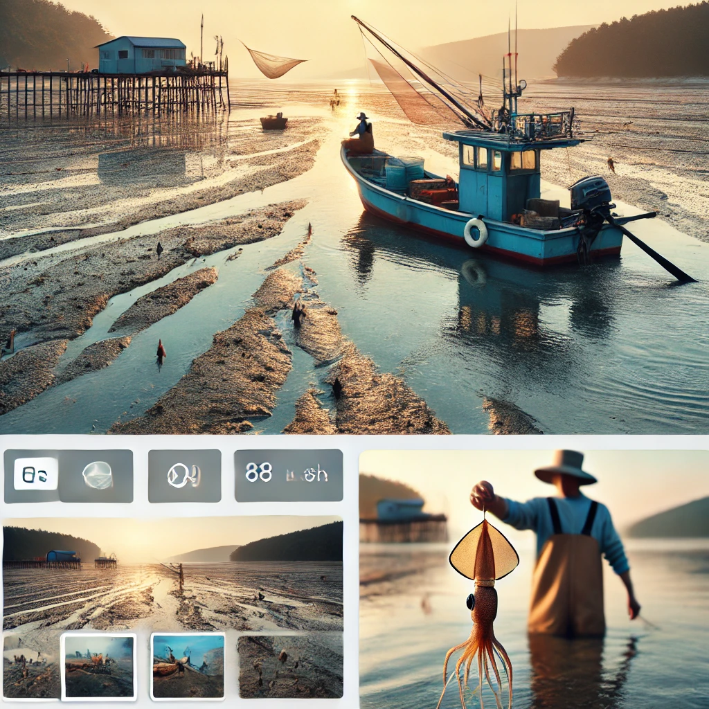 보령 대천항에서 쭈꾸미 낚시를 준비하는 모습. 평온한 바다와 갯벌을 배경으로 낚싯배가 정박해 있으며, 낚시꾼이 낚싯대를 준비하는 장면이 묘사된 이미지.