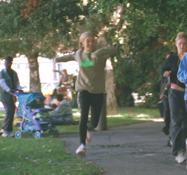 Phoebie running funny at the Park on FRIENDS show