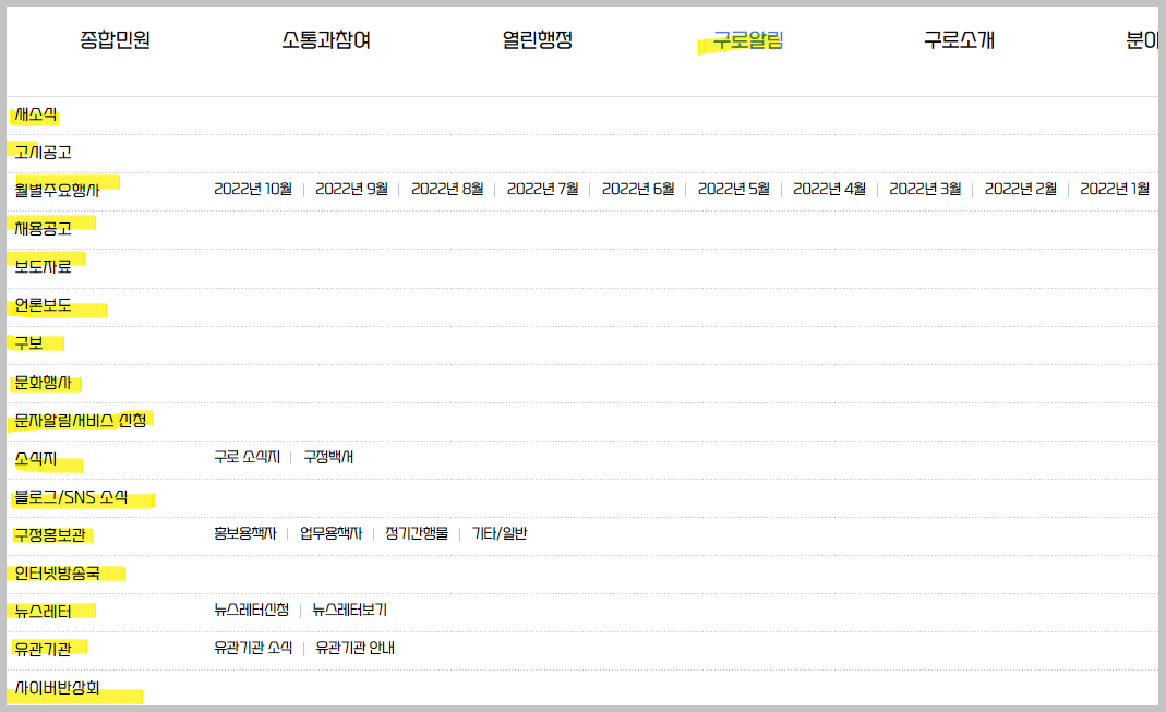 구로구청-홈페이지-카테고리-구로알림-메뉴들