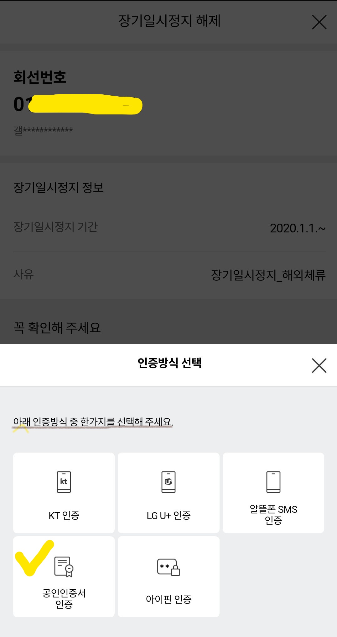 SKT 일시정지 해제 방법