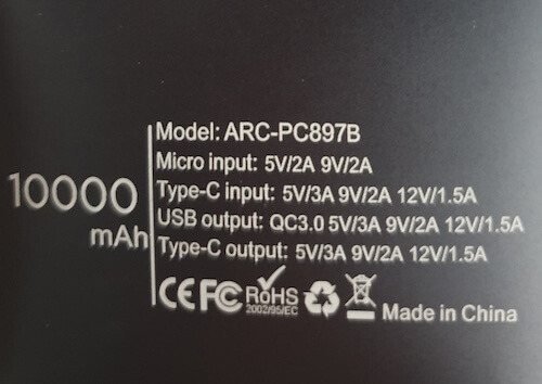 보조배터리 10000mAh, 5V/3A, 9V/2A, 12V/1.5A
