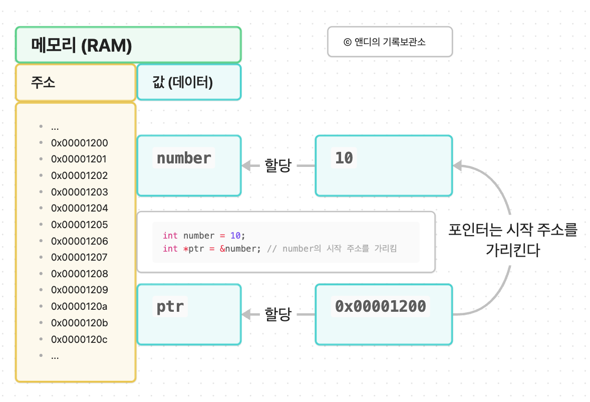 포인터는 특정 값이 아닌 어느 변수의 주솟값을 데이터로 담아&#44; 해당 변수의 시작 주소를 가리킨다.