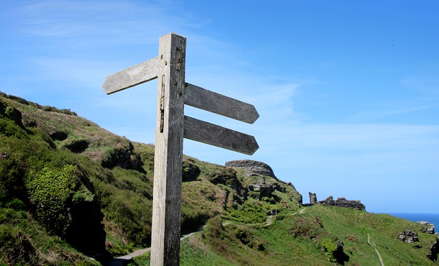 &quot;갈림길에 선 삶 – 선택 앞에서 머뭇거리는 순간&quot;
(A weathered wooden signpost at a crossroads on a green hill, symbolizing the uncertainty and choices in life.)