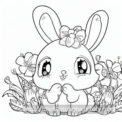 꽃들과 앉아 있는 귀여운 토끼 색칠 도안. rabit coloring paper.