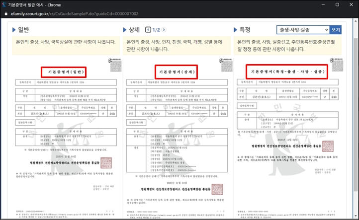 일반 증명서 상세 증명서 특정 증명서