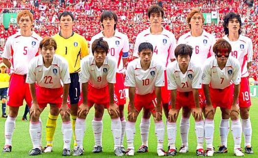 2002년 한일월드컵 대한민국 국가대표 스타팅멤버가 경기전 사진을 찍고 있다.