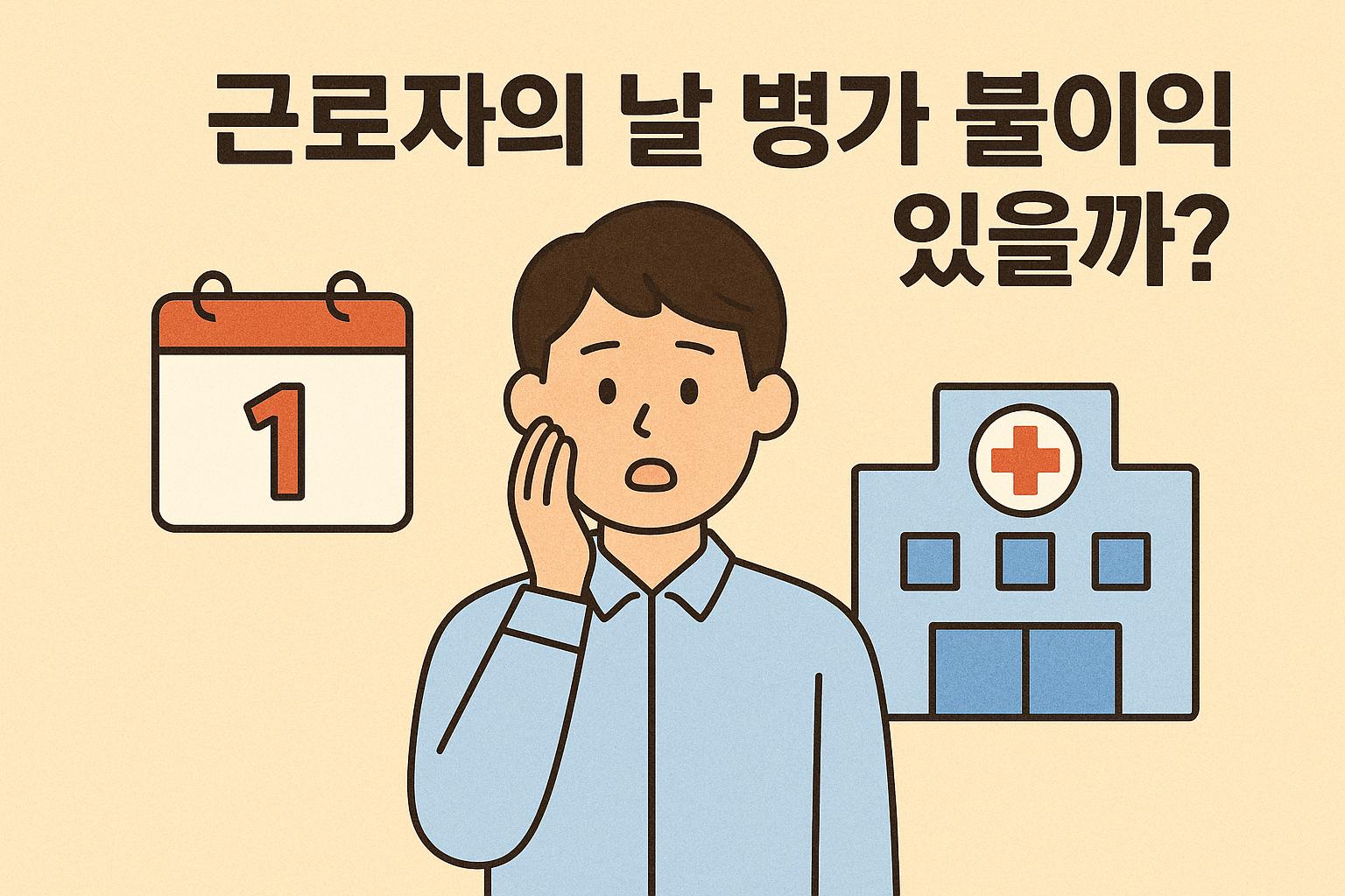 근로자의 날 병가를 신청했을 때의 불이익 여부와 공휴일 병가 처리 규정을 시각적으로 표현한 감성 플랫 스타일 썸네일 이미지