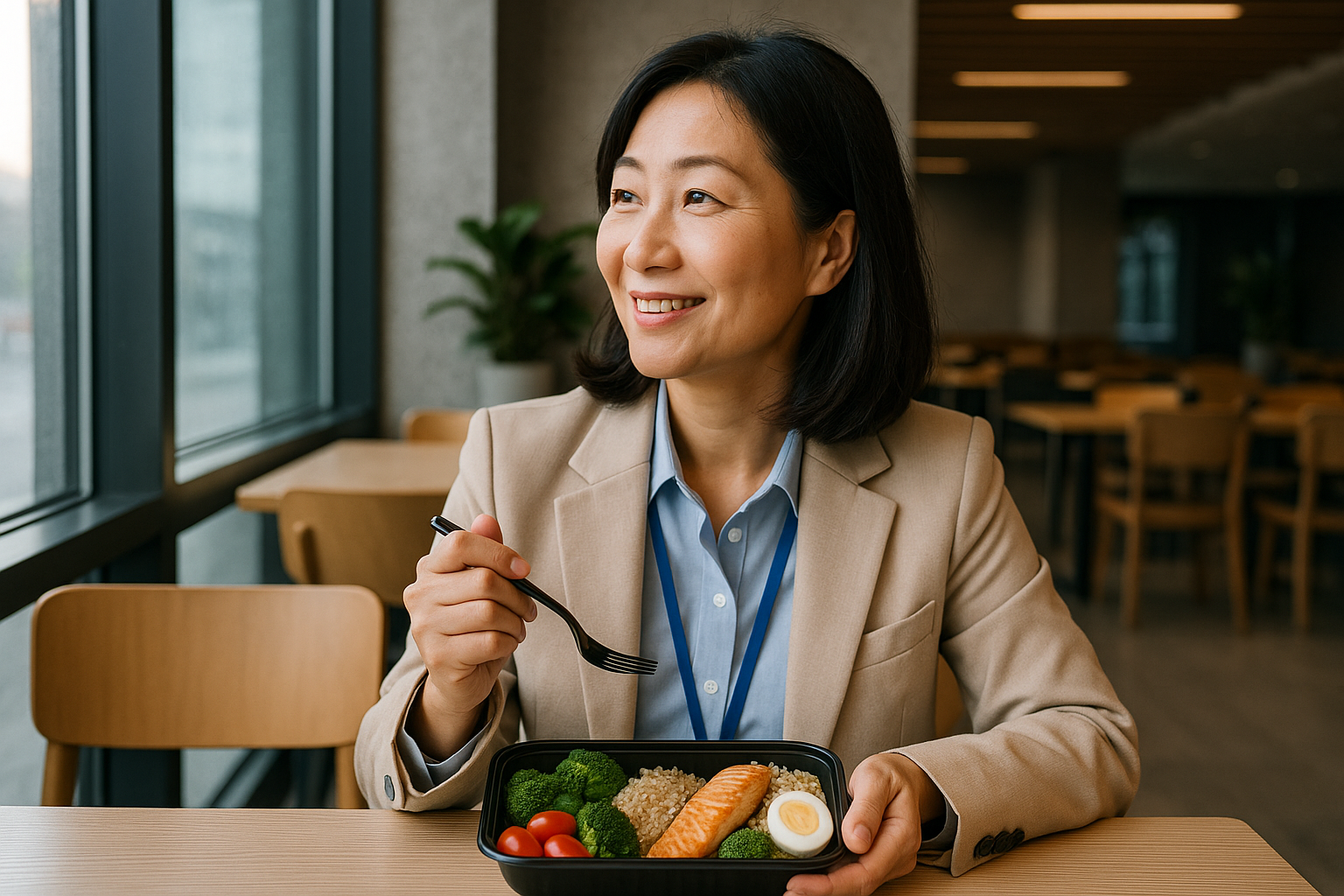 카페테리아 스타일의 실내 공간에서 여성이 창밖을 바라보며 도시락을 먹는 모습.