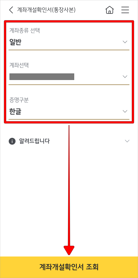 계좌 종류를 선택하고, 계좌와 증명 구분을 선택한 뒤, 계좌개설확인서 조회를 선택