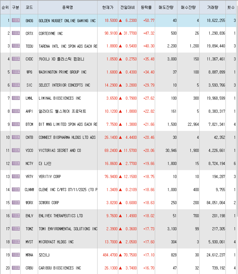  8월9일 미국주식 상승률 상위 종목 TOP 300