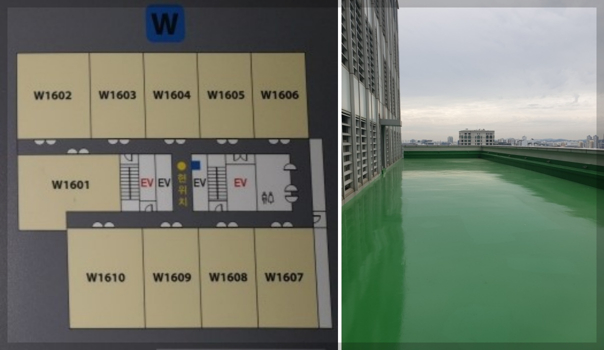 당산 SK V1 센터 W동 16층 도면과 16층 테라스 사진