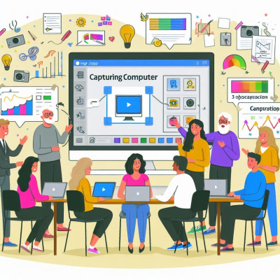 다양한 연령과 인종의 사람들이 교실에서 컴퓨터 화면을 학습하는 장면의 일러스트