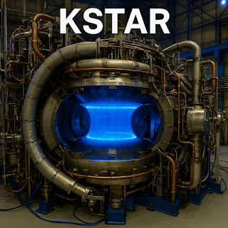 한국 대전에 위치한 KSTAR 장치의 이미지. 도넛 모양의 토카막 내부에서 푸른빛의 플라즈마가 생성되고 있으며, 주변에는 초전도 자석과 냉각 시스템이 배치되어 있다