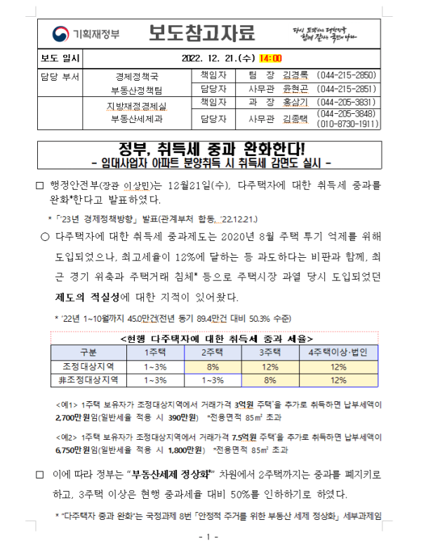 취득세중과완화 보도자료 갈무리