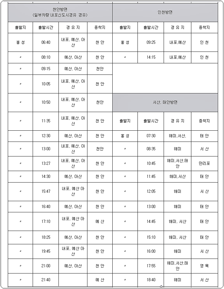 홍성시외버스터미널 시간표 - 천안방면, 인천방면