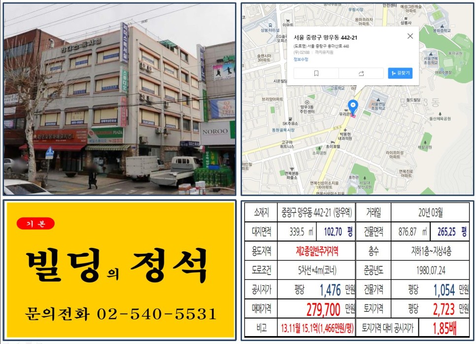  [중랑구 망우로 대로변 20억 꼬마빌딩 실거래가 조회] 망우동 442-21 (망우역) 27억 9,700만 원, 평당 2,723만 원 매매되었습니다.