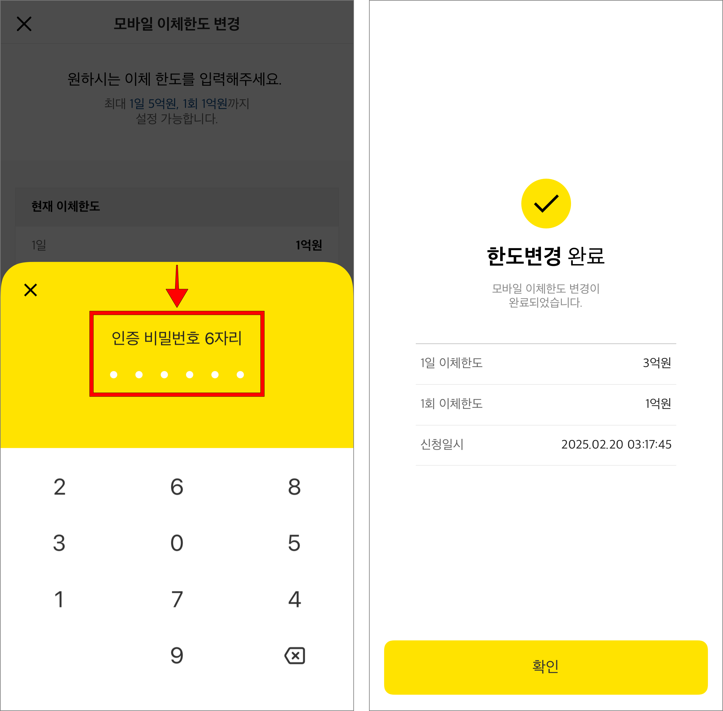 인증 비밀번호 6자리를 입력하여 한도 변경을 완료