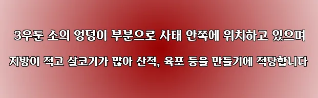  3우둔 소의 엉덩이 부분으로 사태 안쪽에 위치하고 있으며 지방이 적고 살코기가 많아 산적, 육포 등을 만들기에 적당합니다