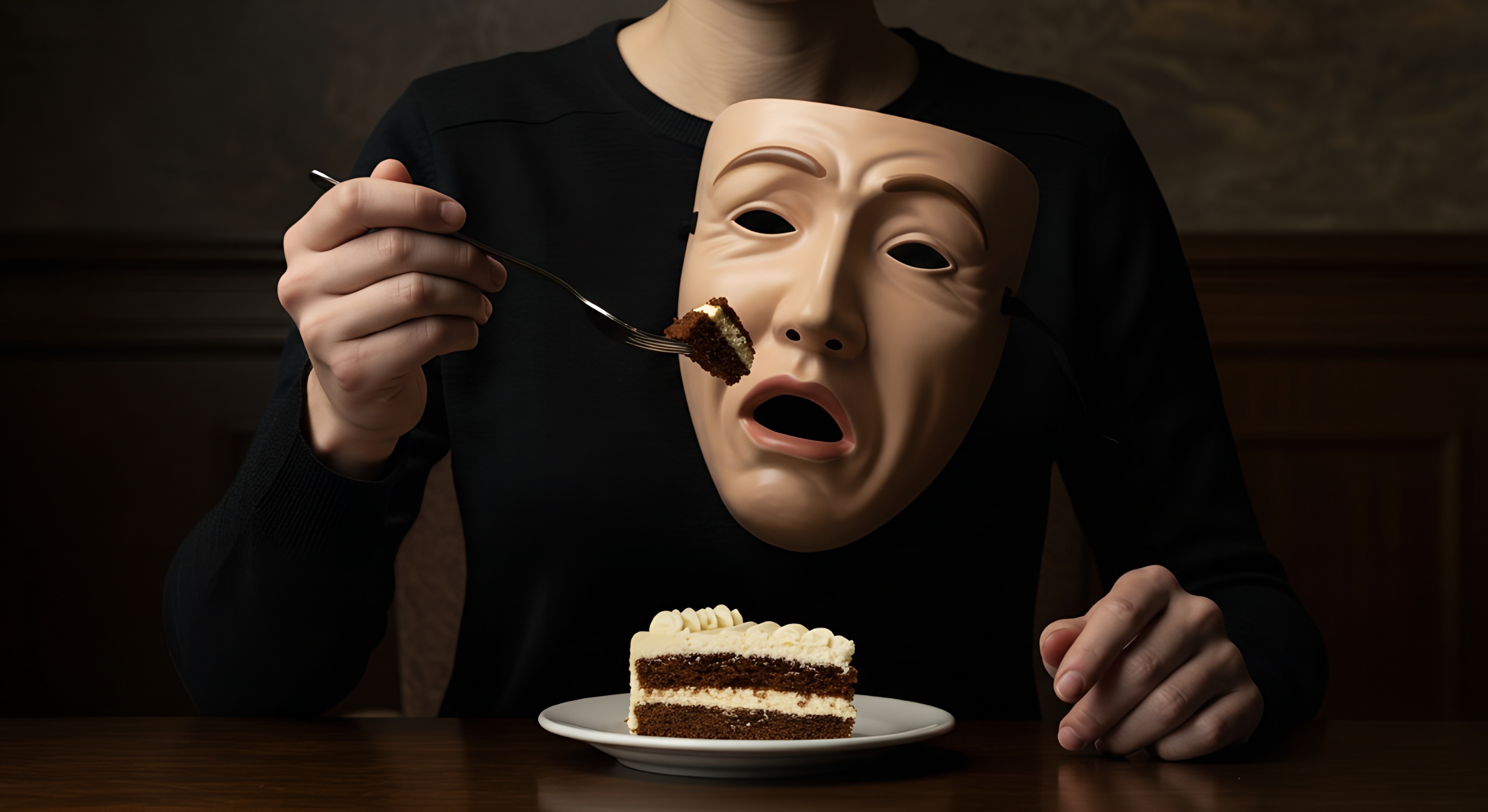 이 이미지는 검은색 옷을 입은 사람이 연극 가면을 들고 있으며, 가면의 입 부분으로 포크에 꽂힌 케이크 조각을 가져가는 모습을 보여줍니다. 테이블 위에는 흰색 접시에 담긴 초콜릿과 크림 레이어가 있는 케이크 조각이 놓여 있습니다. 이 구성은 식욕과 감정적 식사 사이의 관계를 시각적으로 표현하고 있습니다.