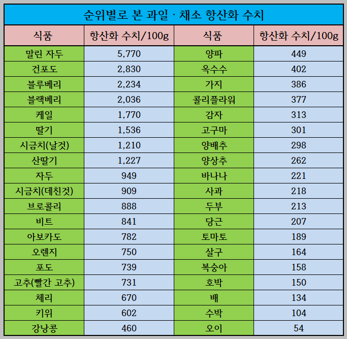 순위별로 본 과일채소 항산화 수치