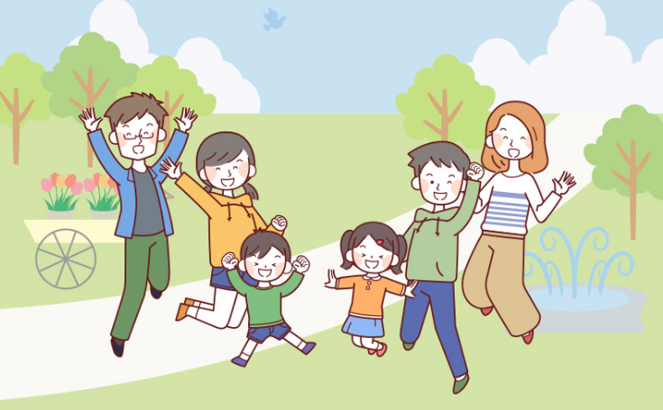 여섯 식구들이 공원에서 뛰고 있는 그림 마치 산책을 나온 가족의 모습을 보여주는 느낌