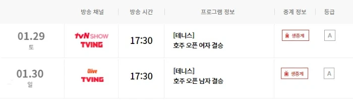 남여 결승 중계 편성표
