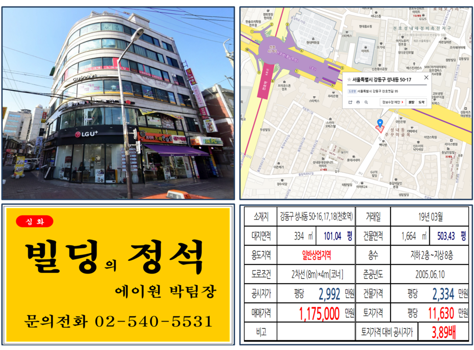  [강동구 매매사례]성내동 50-16,17,18(천호역) 117.5억, 평당11,630만원 매매되었습니다.