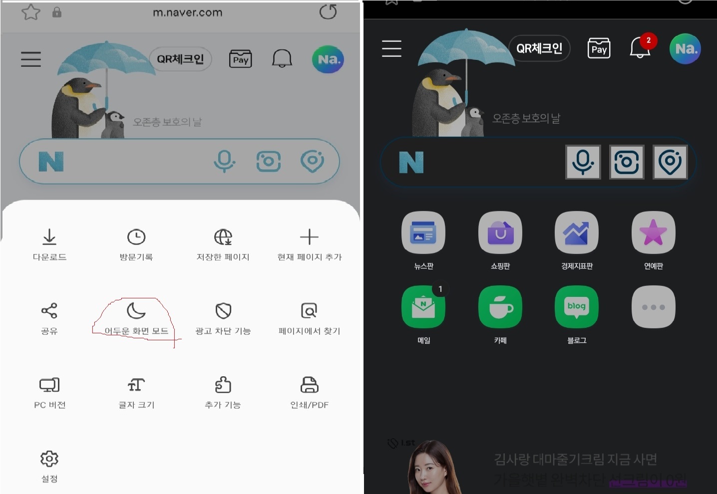  네이버 다크모드 설정과 해제