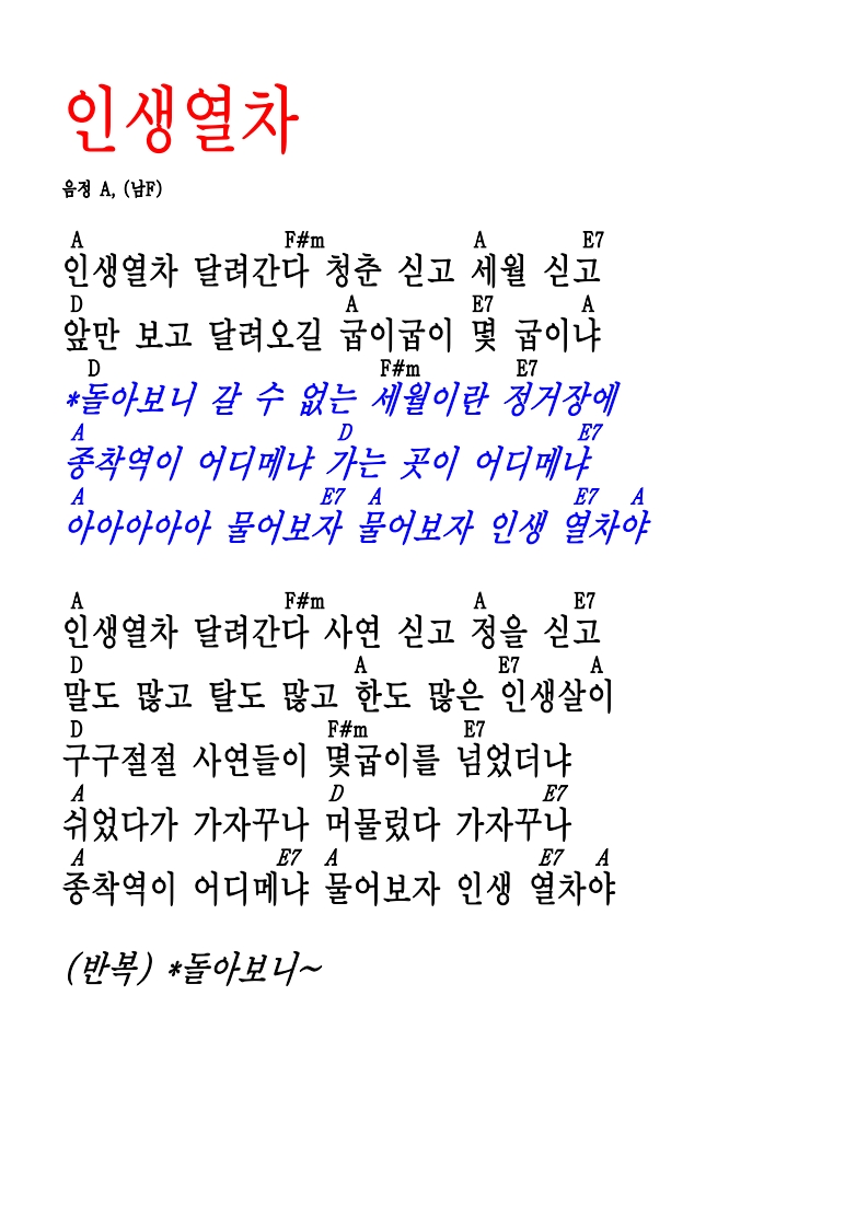 인생열차 기타코드 이미지