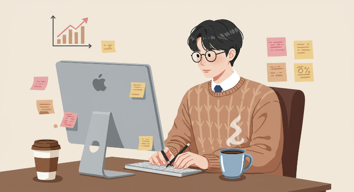 블로그에 10편 이상 글을 작성하고 꾸준함을 다짐하는 사람의 모습, 성실한 작업 공간이 함께 표현된 장면