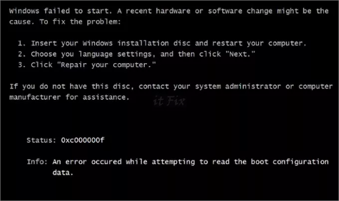  검은 화면 부팅 불능 오류 “Windows Failed to Start” , 코드 0xc00000f