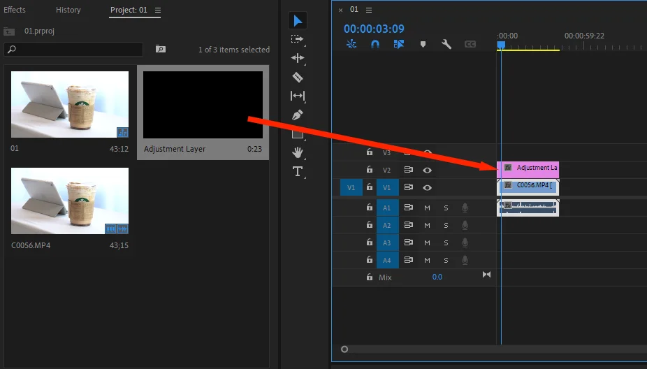 프리미어 프로에서 adjustment layer를 추가하는 모습