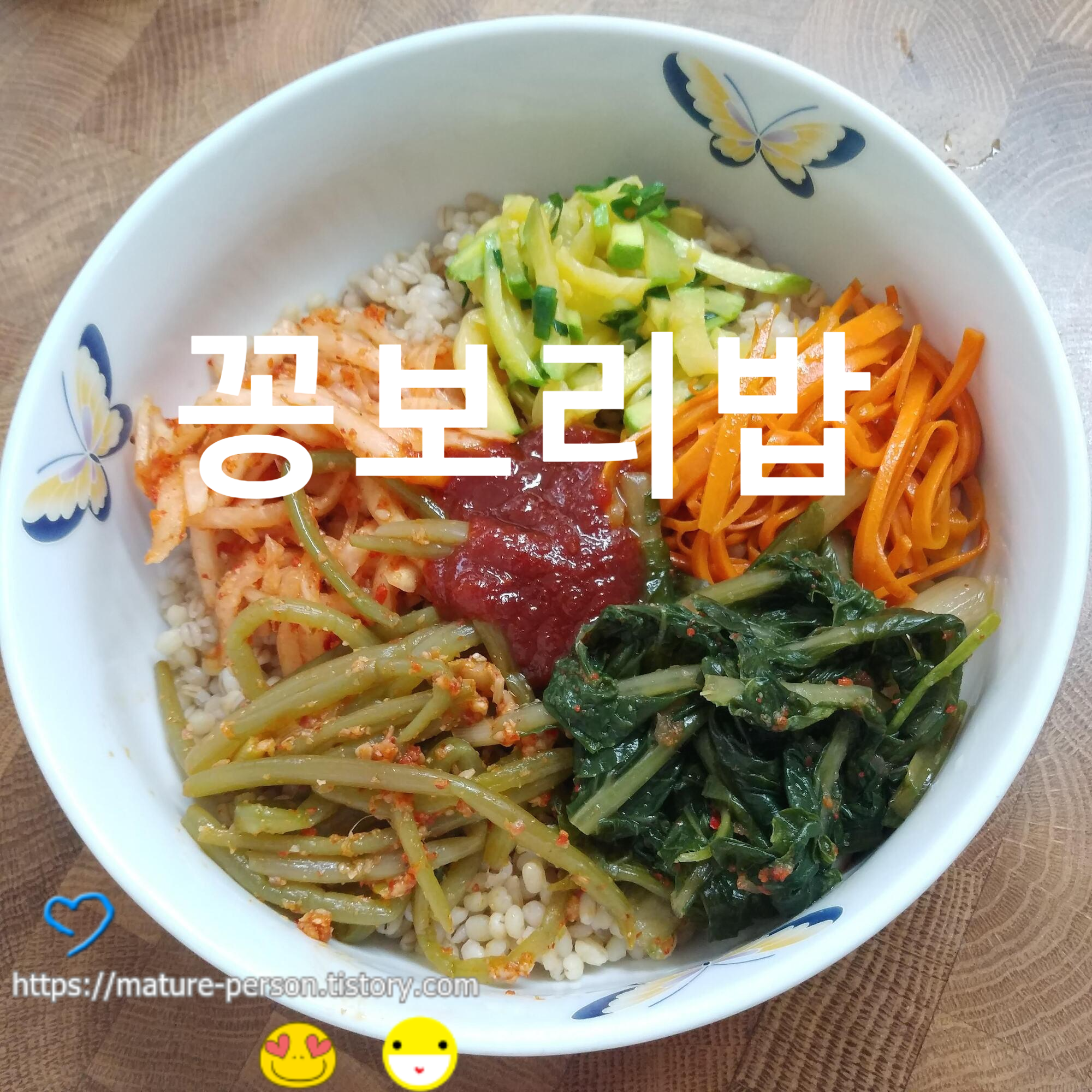  꽁보리밥으로 비빔밥 - 고구마줄기, 무생채, 호박, 당근, 열무김치