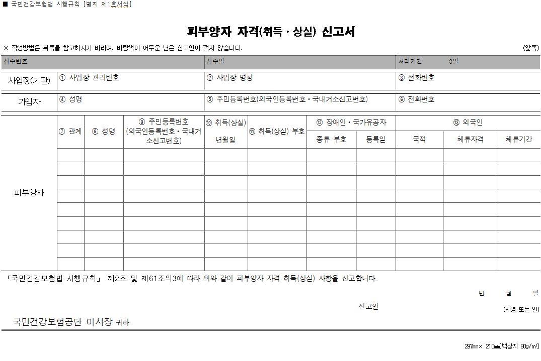  건강보험 피부양자 자격(취득ㆍ상실) 신고서