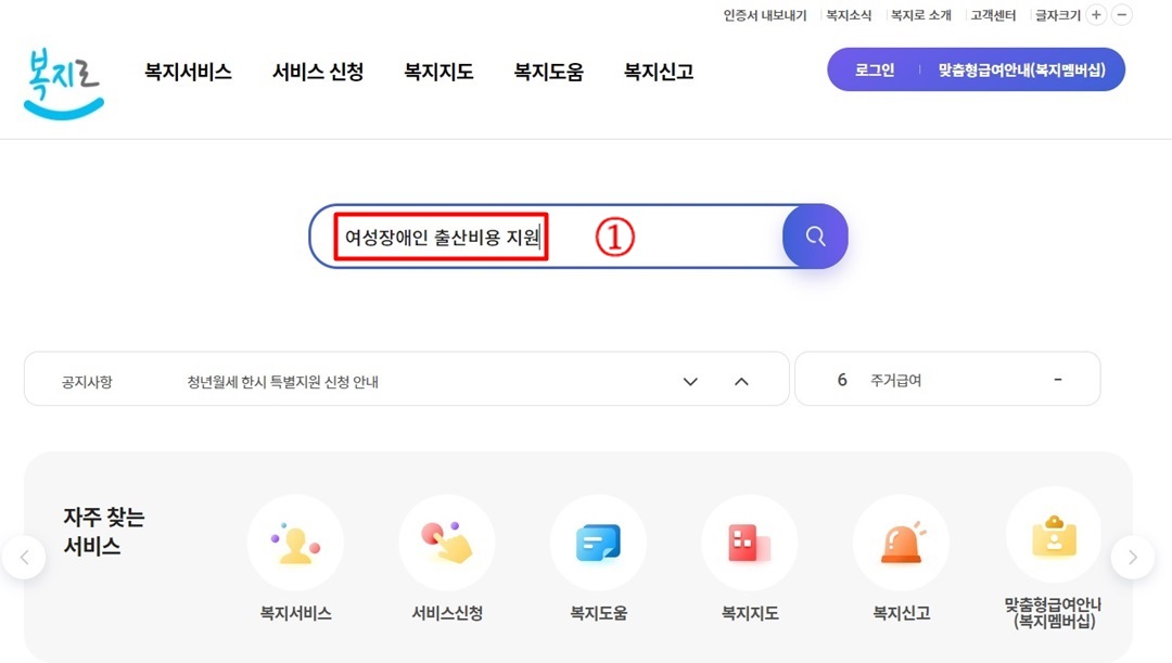 복지로 사이트에서 1번 &quot;여성장애인 출산비용 지원&quot; 검색하기 화면캡쳐 사진