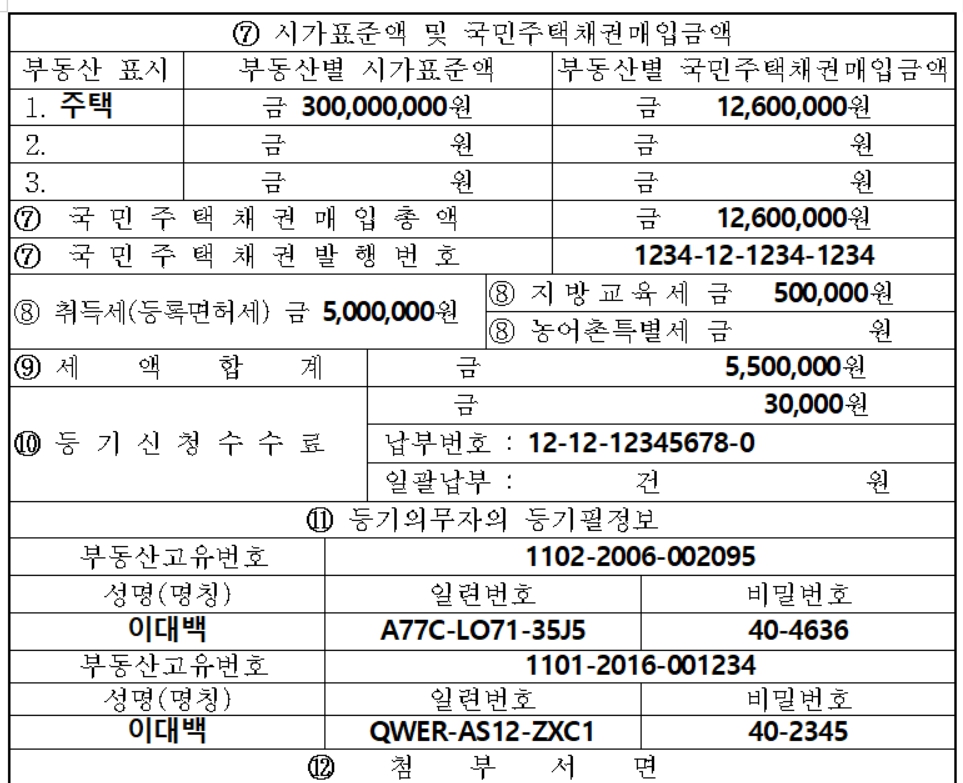 각종 금액 및 등기필정보 작성