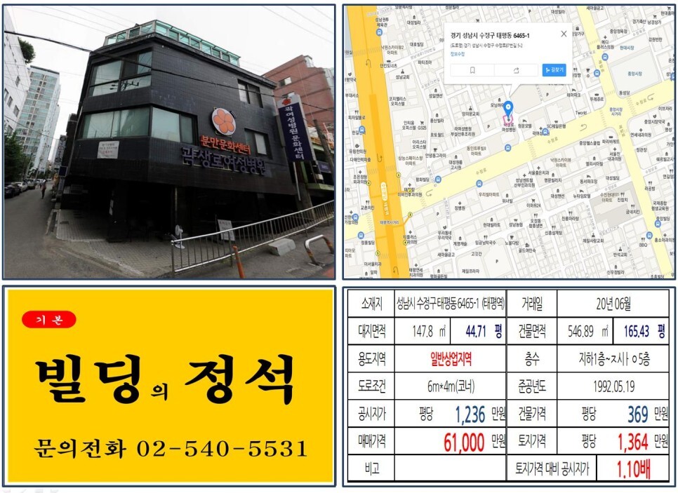 경기도 성님시 수정구 태평동 6465-1번지 건물이 2020년 06월 매매 되었습니다.