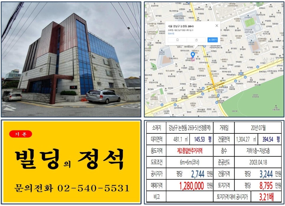 [강남구 연예인 빌딩 100억빌딩 실거래가 조회] 논현동 269-5 (선정릉역) 128억 원, 평당 8,795만 원 매매되었습니다. 소녀시대 유
