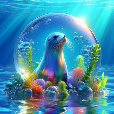 바다 속에서 헤엄치는 물개와 해양 식물들로 둘러싸인 도장.